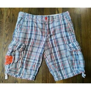Buffalo David Bitton Cargo Shorts Mens 36 Inseam 11 Red White Blue Checkered Y2K